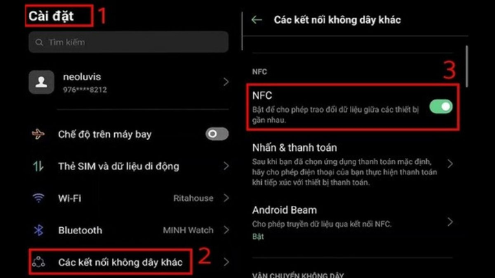 Bật NFC tại phần Cài đặt của điện thoại OPPO