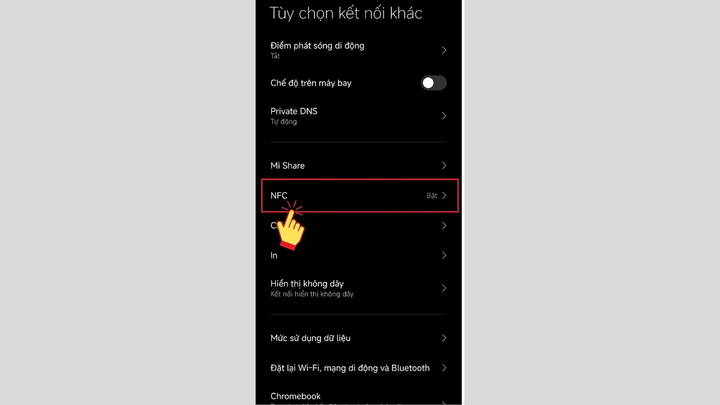 Chọn vào mục “NFC” trong danh sách Tùy chọn kết nối khác