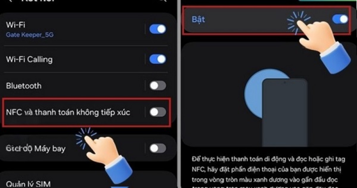 Chọn NFC và thanh toán không tiếp xúc, sau đó gạt thanh “Bật” để kích hoạt NFC