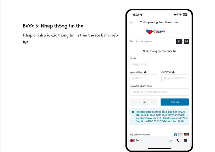 Bước 5 tích hợp thẻ tín dụng vào điện thoại trên VNPAY