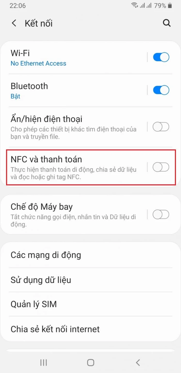 Kiểm tra điện thoại có NFC qua Cài đặt trên điện thoại Android.